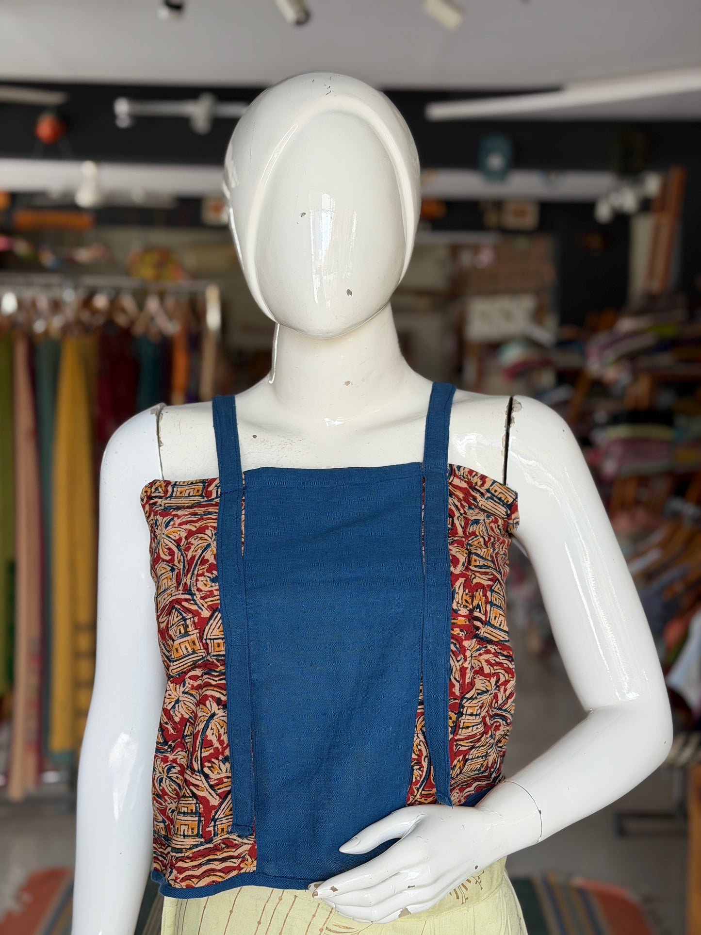 Kalamkari meets Kala cotton - plain blue handloom center panel crop top with hand block printed sides and long straps
