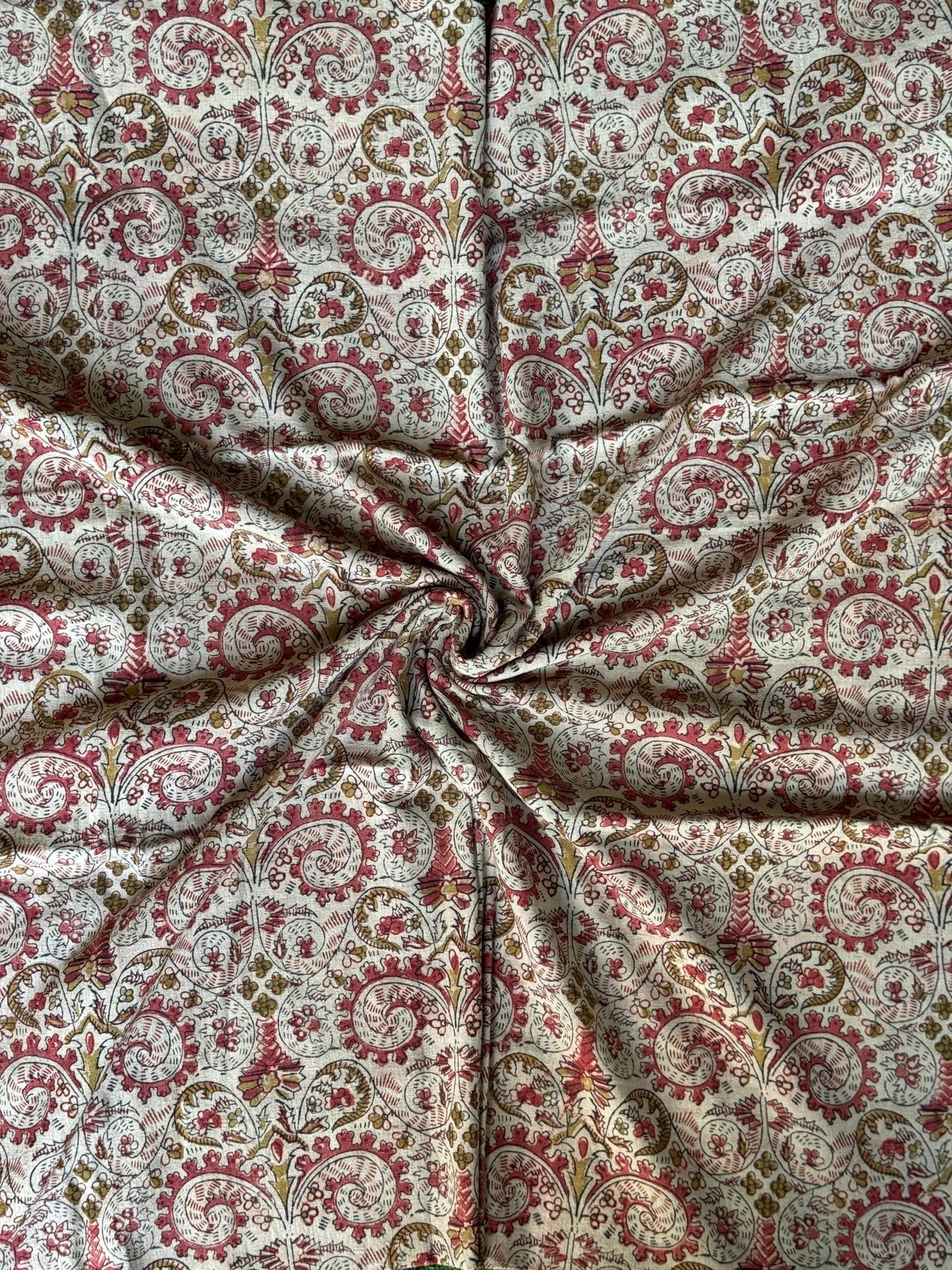 Pink, green, beige flowers pattern hand block printed natural dyed Kalamkari cotton fabric