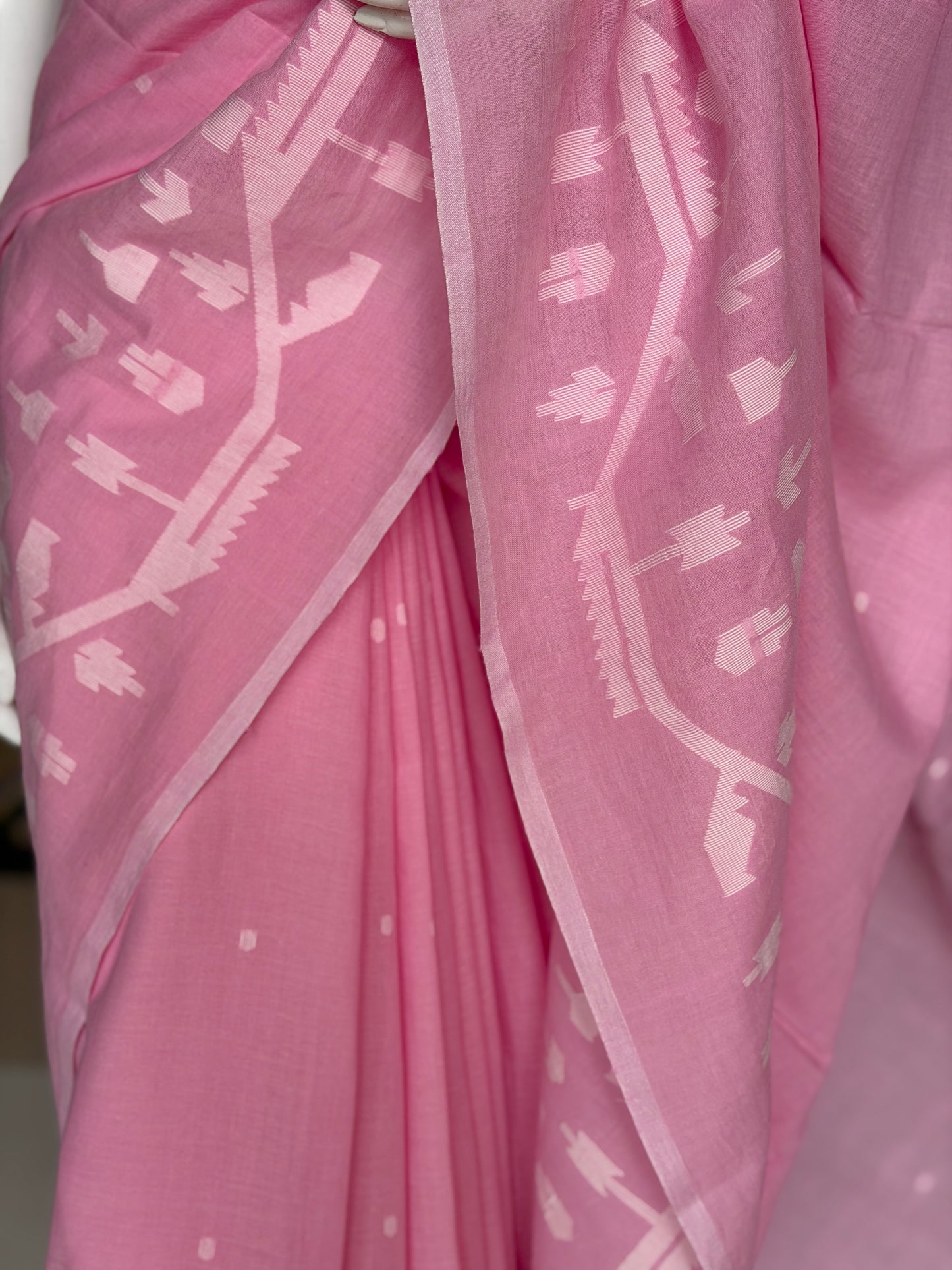 Light pink Jamdani soft cotton handloom fabric with white border