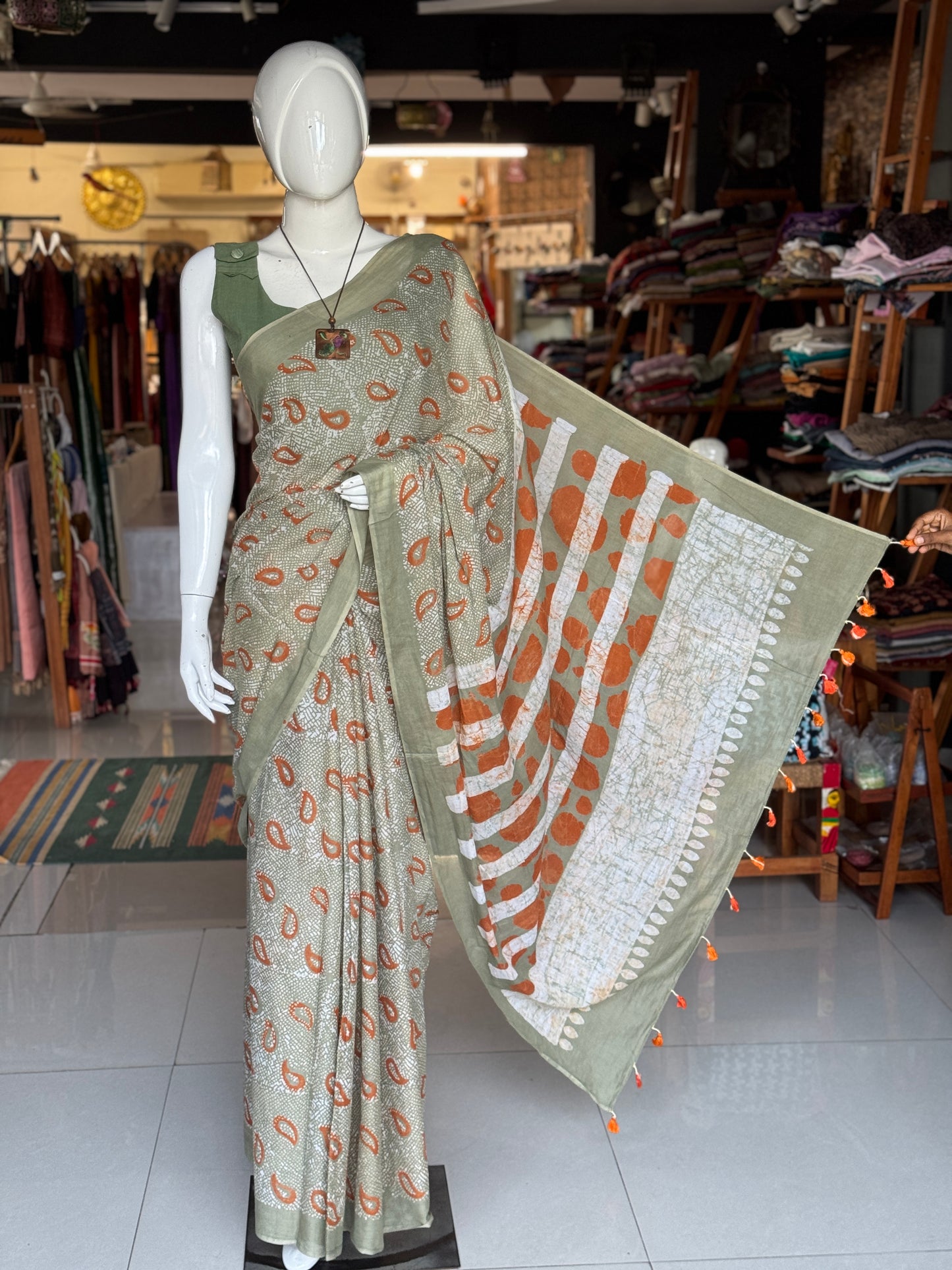 Green and orange hand Batik soft cotton saree