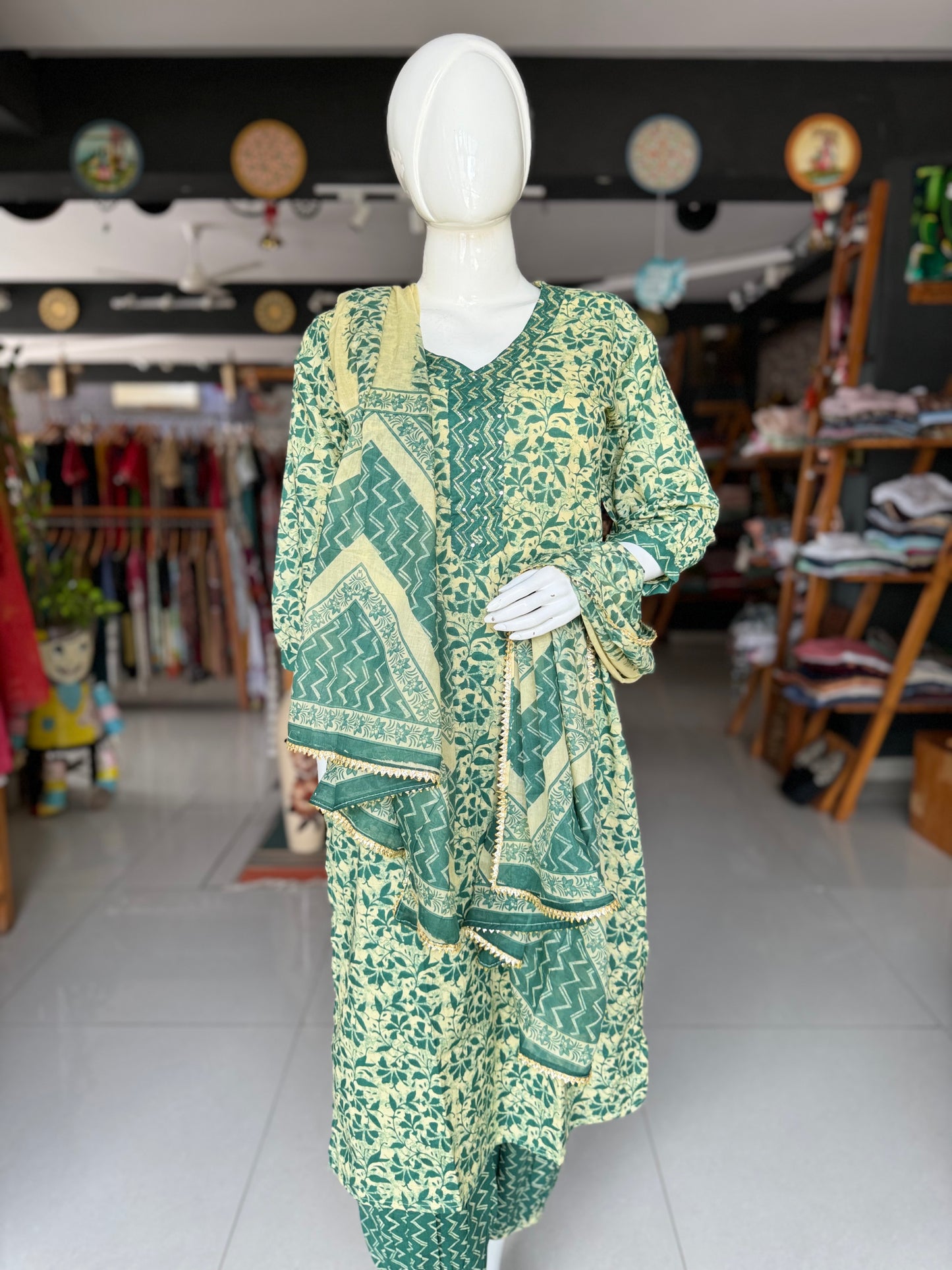 Green and cream floral print hand embroidered cotton suit set with matching afghan pants and dupatta - 3 piece set