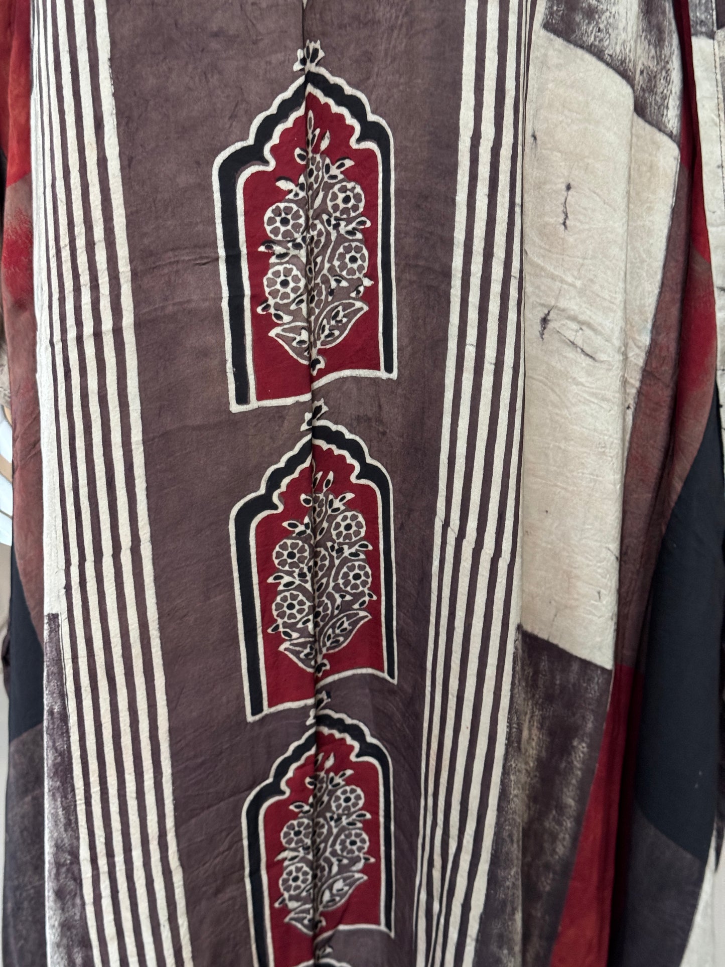 Beige n maroon stripes modal hand block printed, natural dyed Ajrakh kaftan