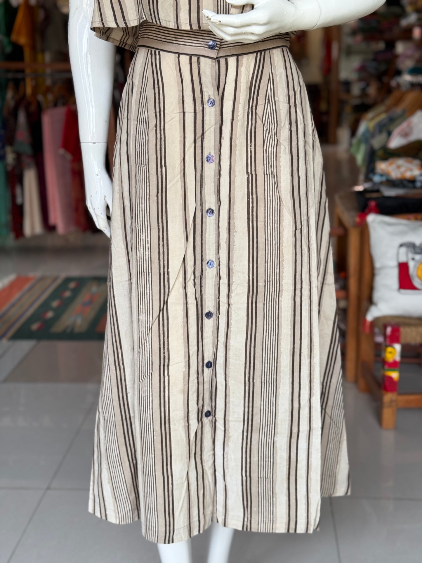 Grey stripes hand block printed cotton coord set with sleeveless crop top and skirt with front buttons detailing