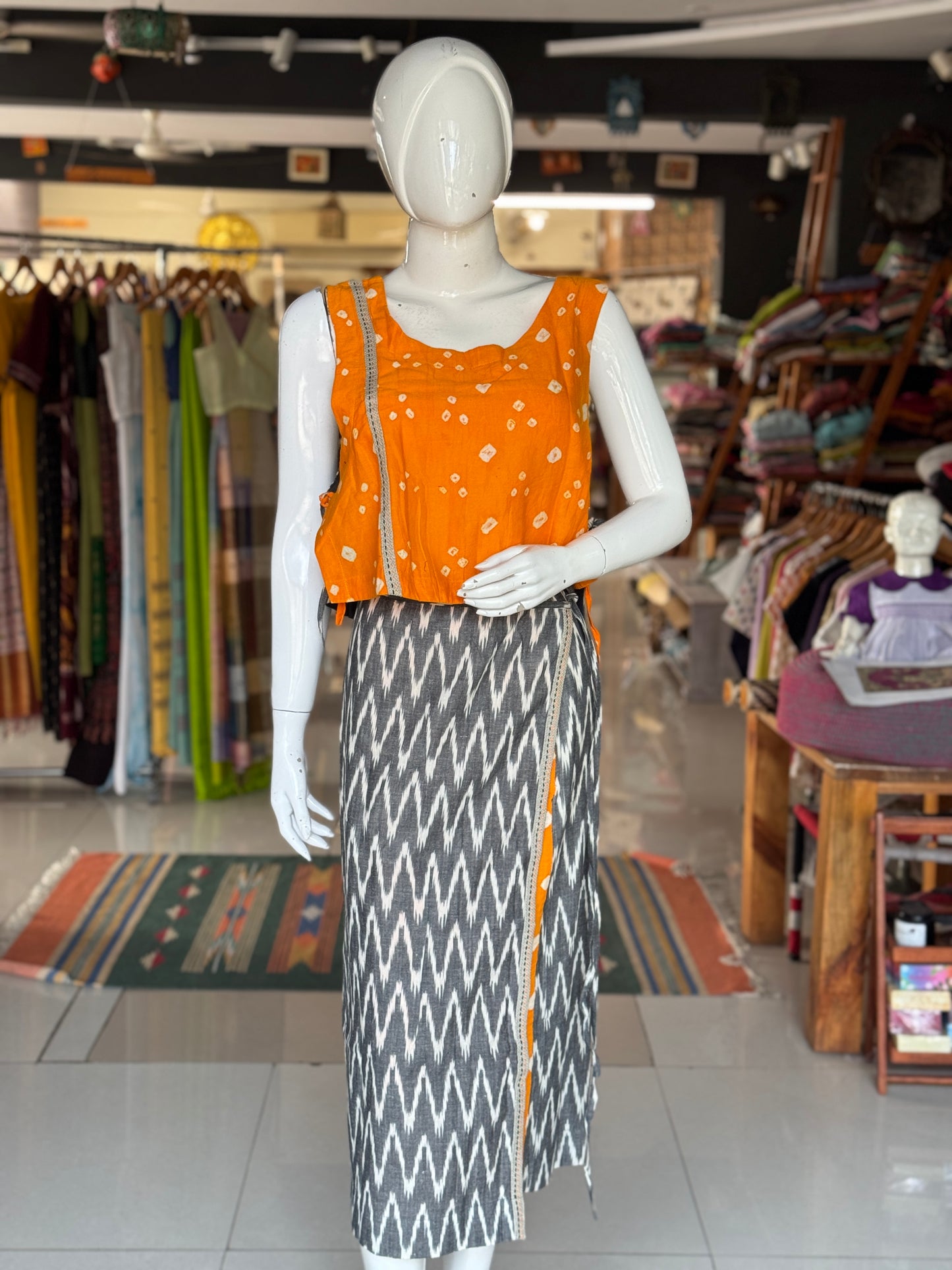 4 way handcrafted cotton coord set - free sized side ties crop top and calf length wrap around skirt