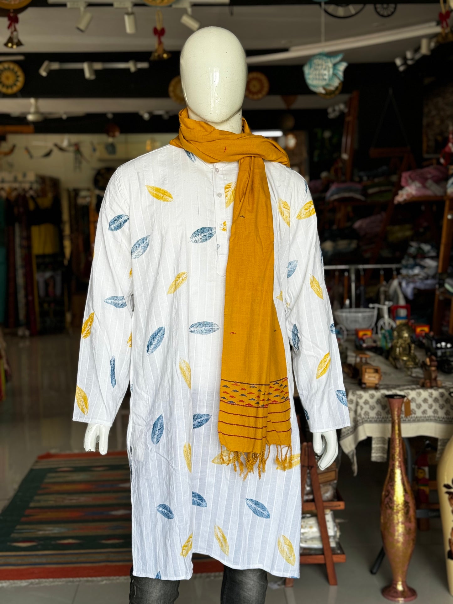 White handloom self stripes cotton long kurta with leaves hand block print
