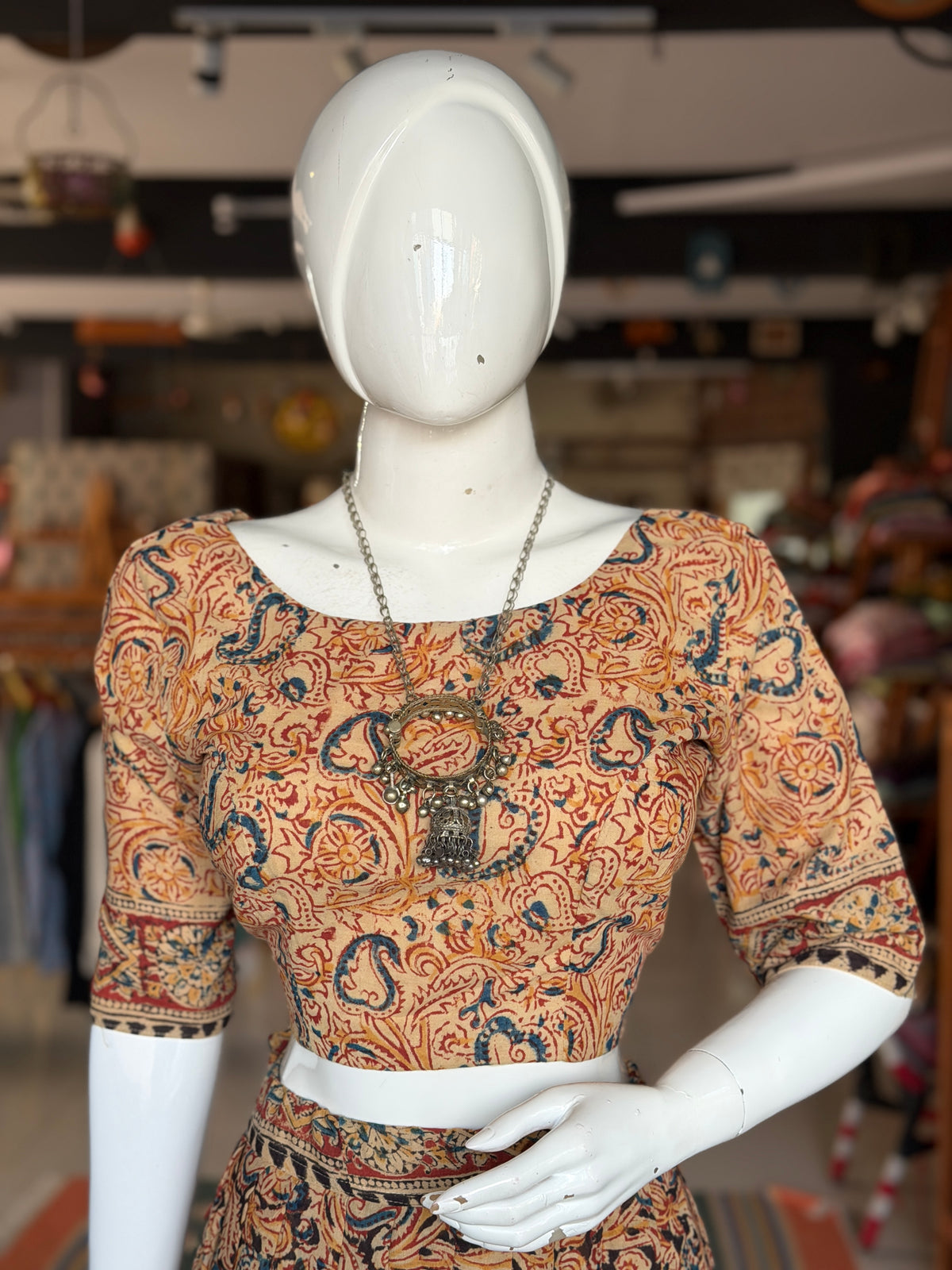 Langa voni - half saree - Kalamkari hand block printed cotton long skirt / lehenga / langa with cotton blouse - 2 piece set