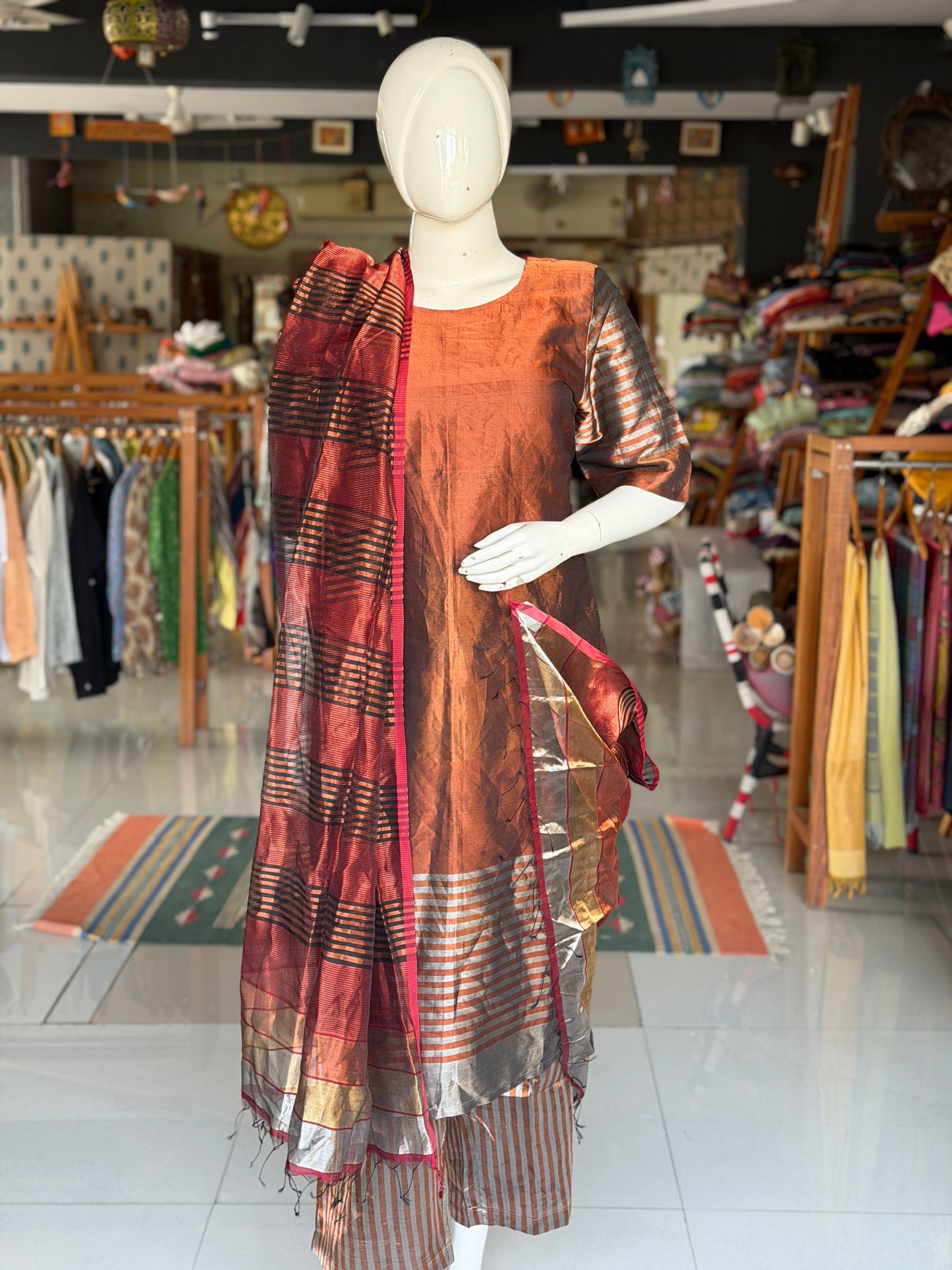 Brown Maheshwari tissue cotton handwoven straight kurti with silver stripes at hem