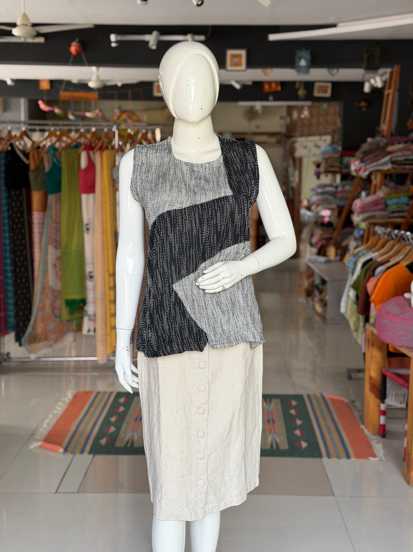 Grey n black - hand spun, handwoven cotton top with woven thread kantha