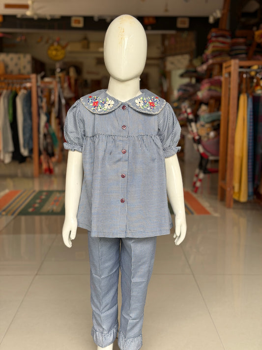 Blue and white checks lounge wear / night suit set - 2 piece embroidered frilled shirt n pants set