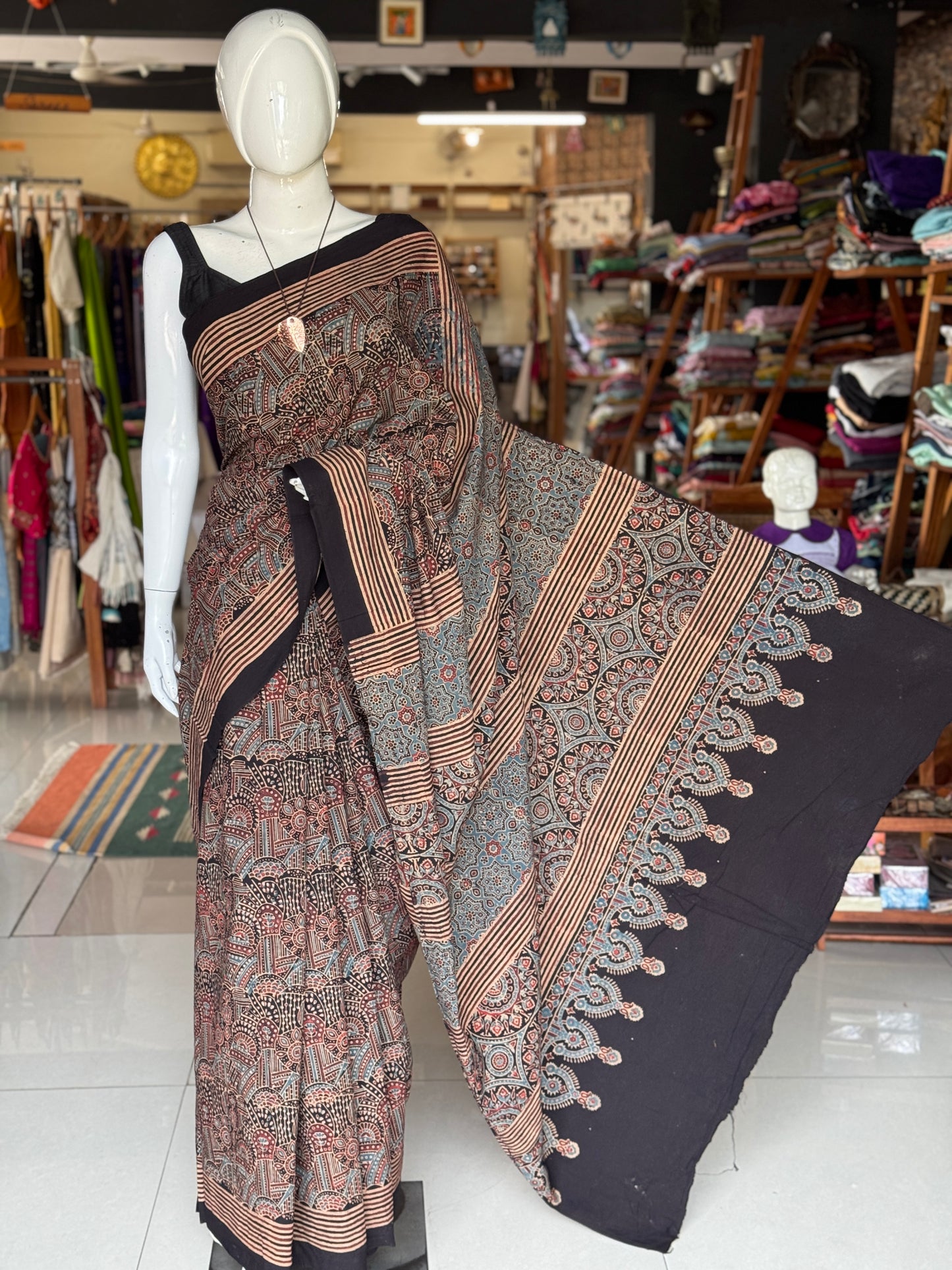 Ajrakh hand block printed 60s cotton saree - design options available