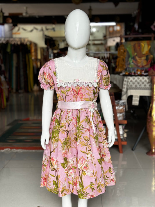 Pink floral cotton embroidered frock with puff sleeves