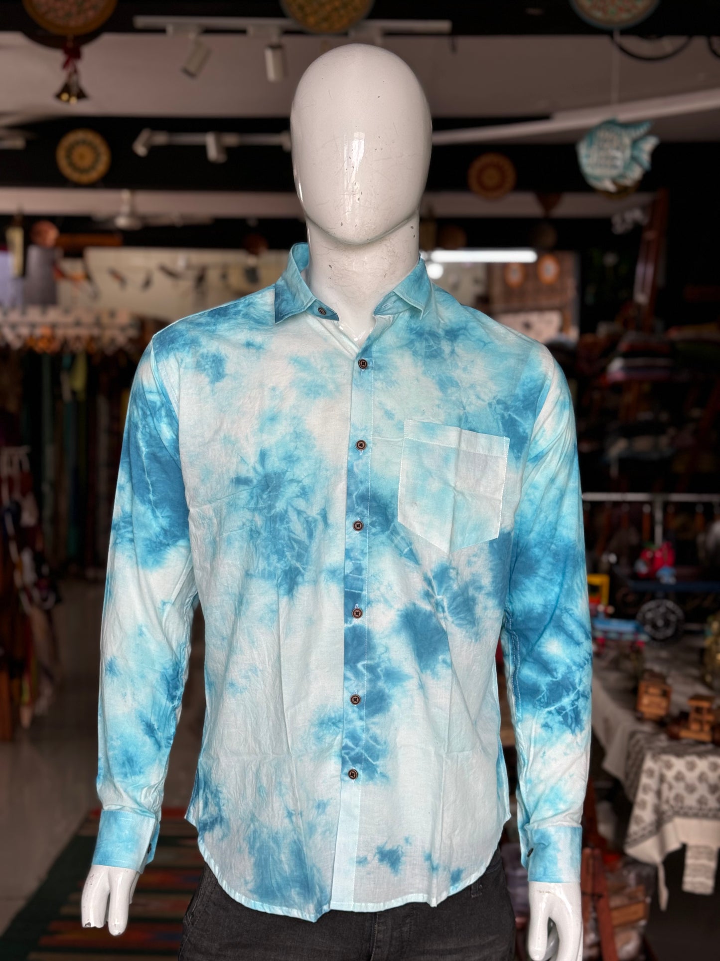 White and blue tie n dye full sleeves cotton shirt for men