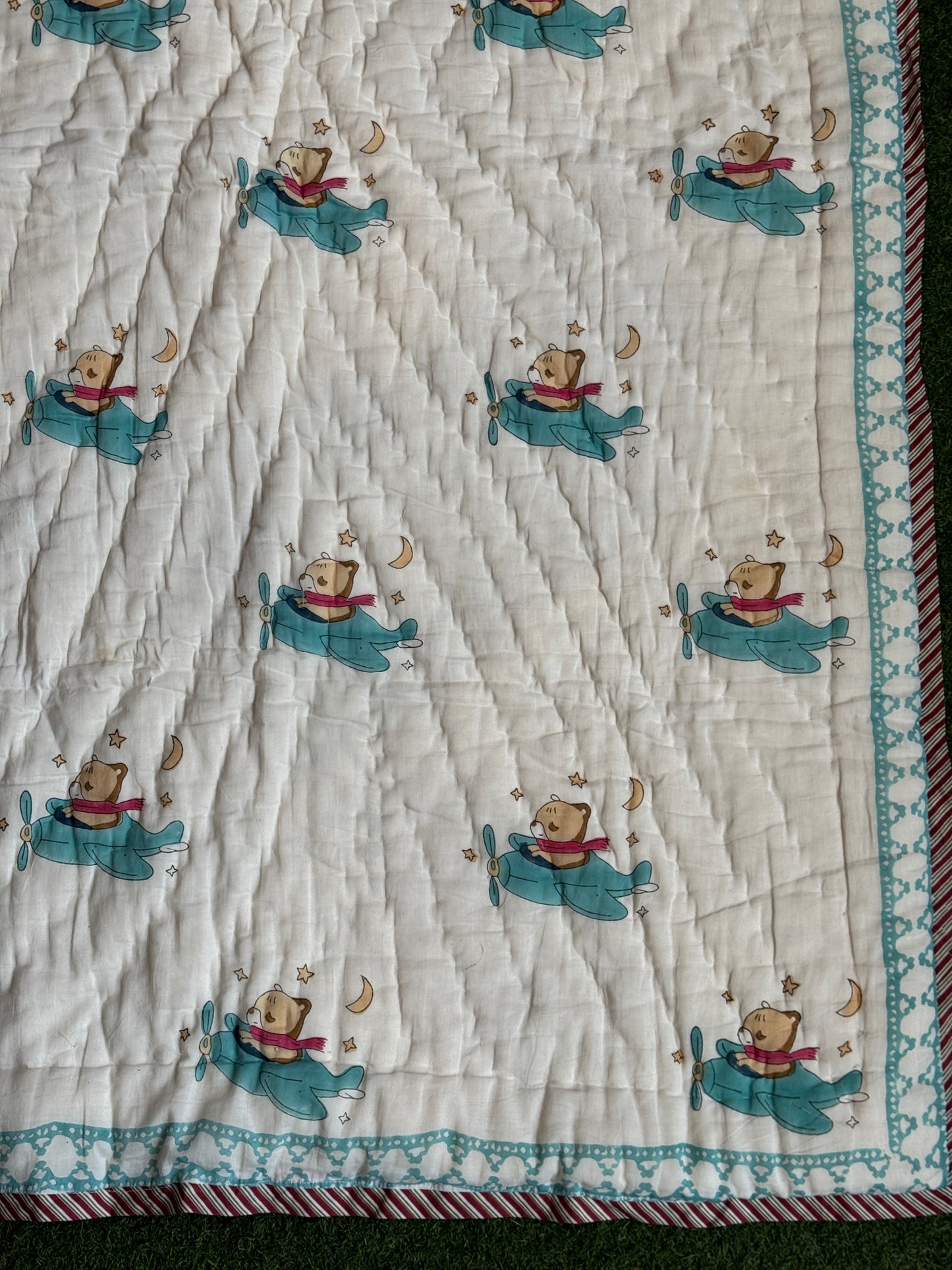 Bear on a plane cute hand block printed reversible cotton quilts / play mats for children
