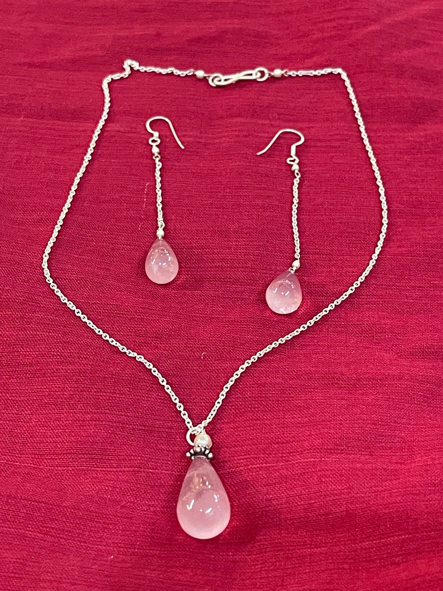 Pink stone drop Sterling 92.5 silver neckpiece and long earrings set