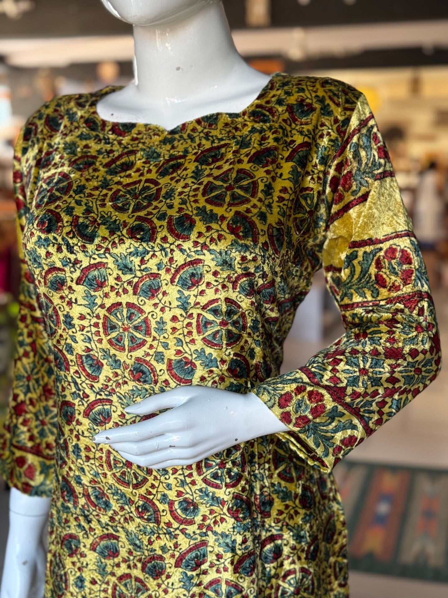 Yellow velvet straight kurti with Ajrakh hand block prints and long sleeves