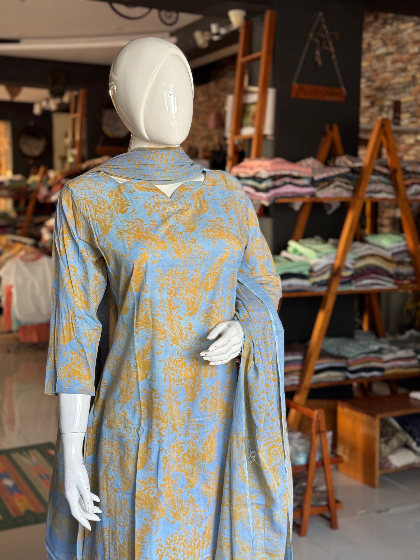 Blue and orange leaf pattern soft batik cotton straight kurta, dupatta and pants -  3 piece suit set