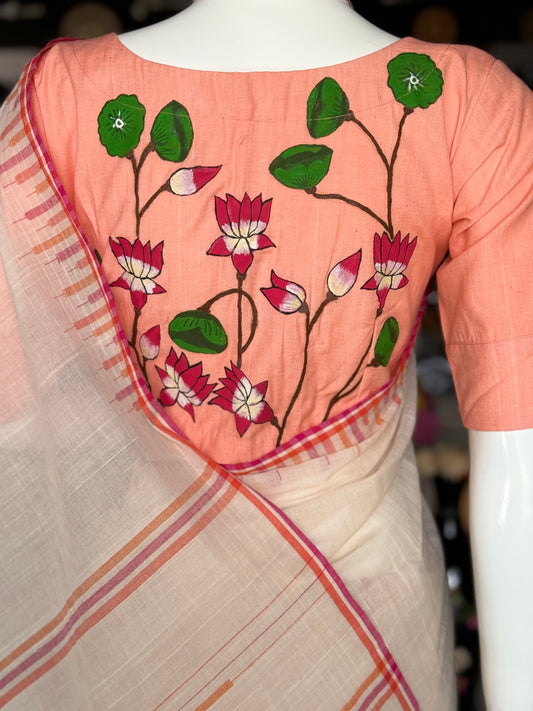 Peach hand painted on handloom cotton front open blouse with lining - Pichwai style floral art for back