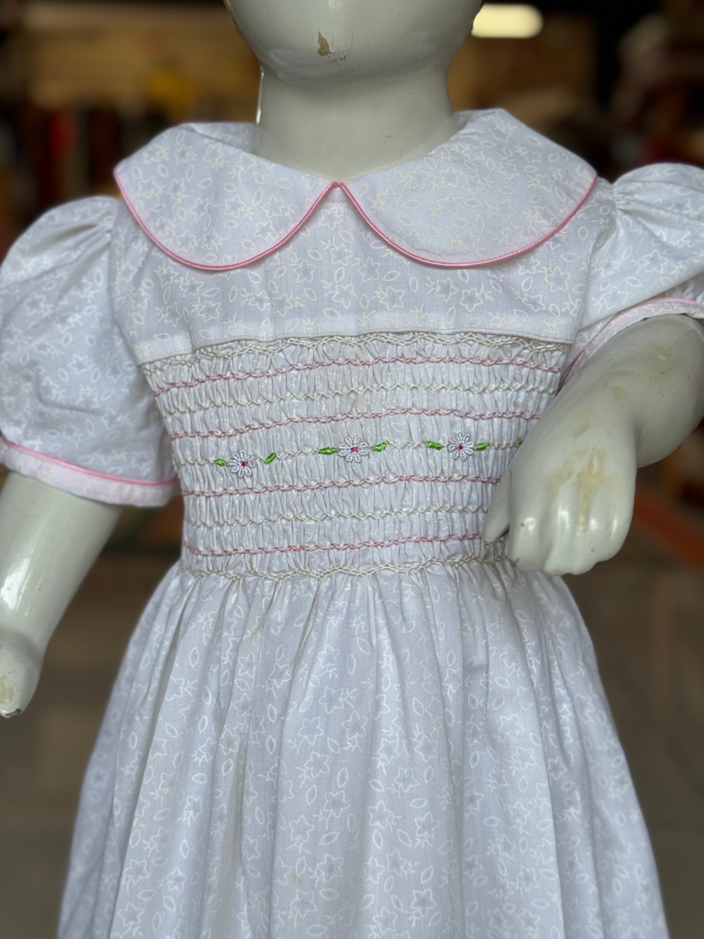White on white printed hand embroidered smocking cotton frock for girls with collar