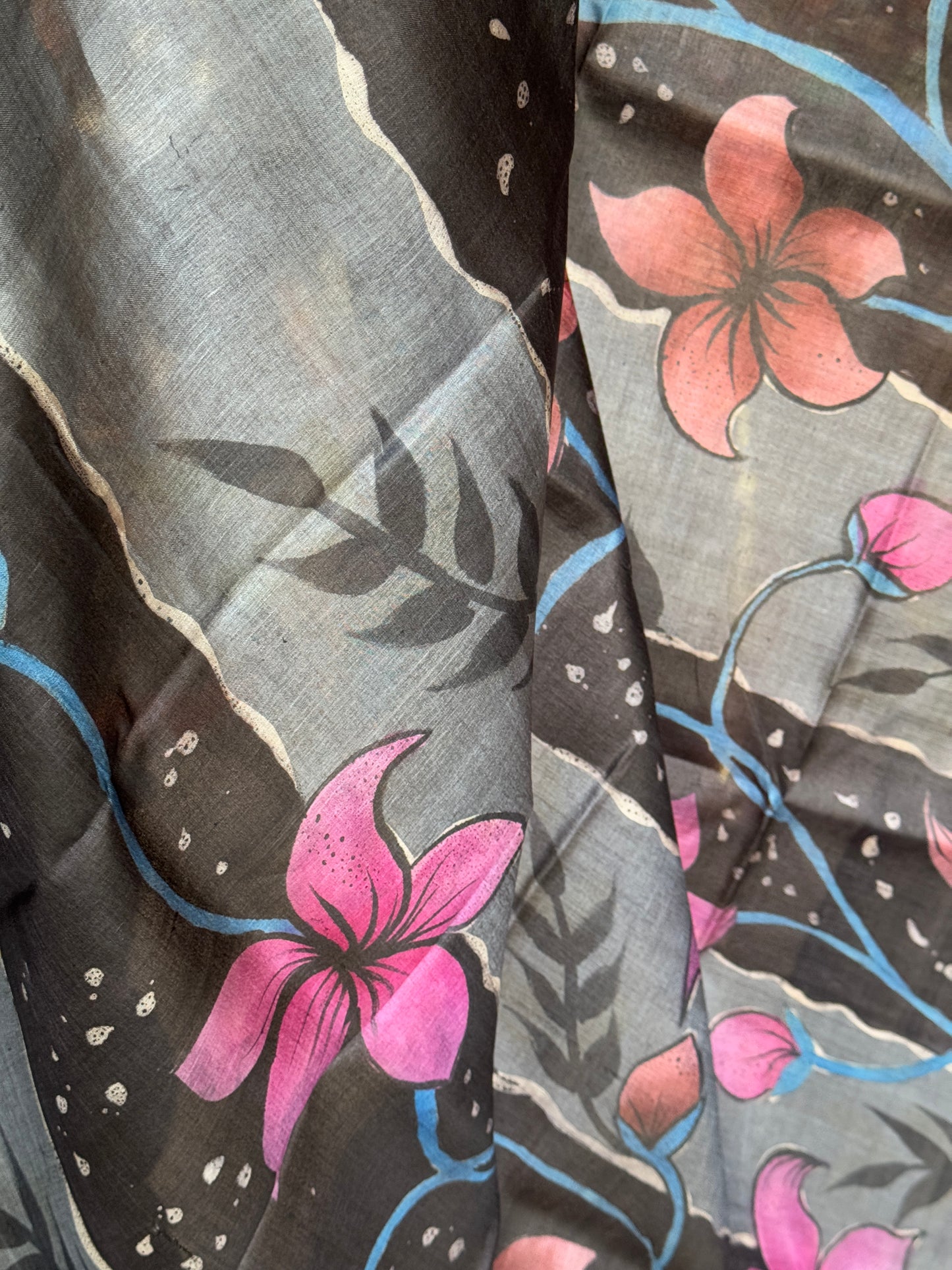 Black and grey hand painted pure tussar silk saree - flowers and rectangular bars