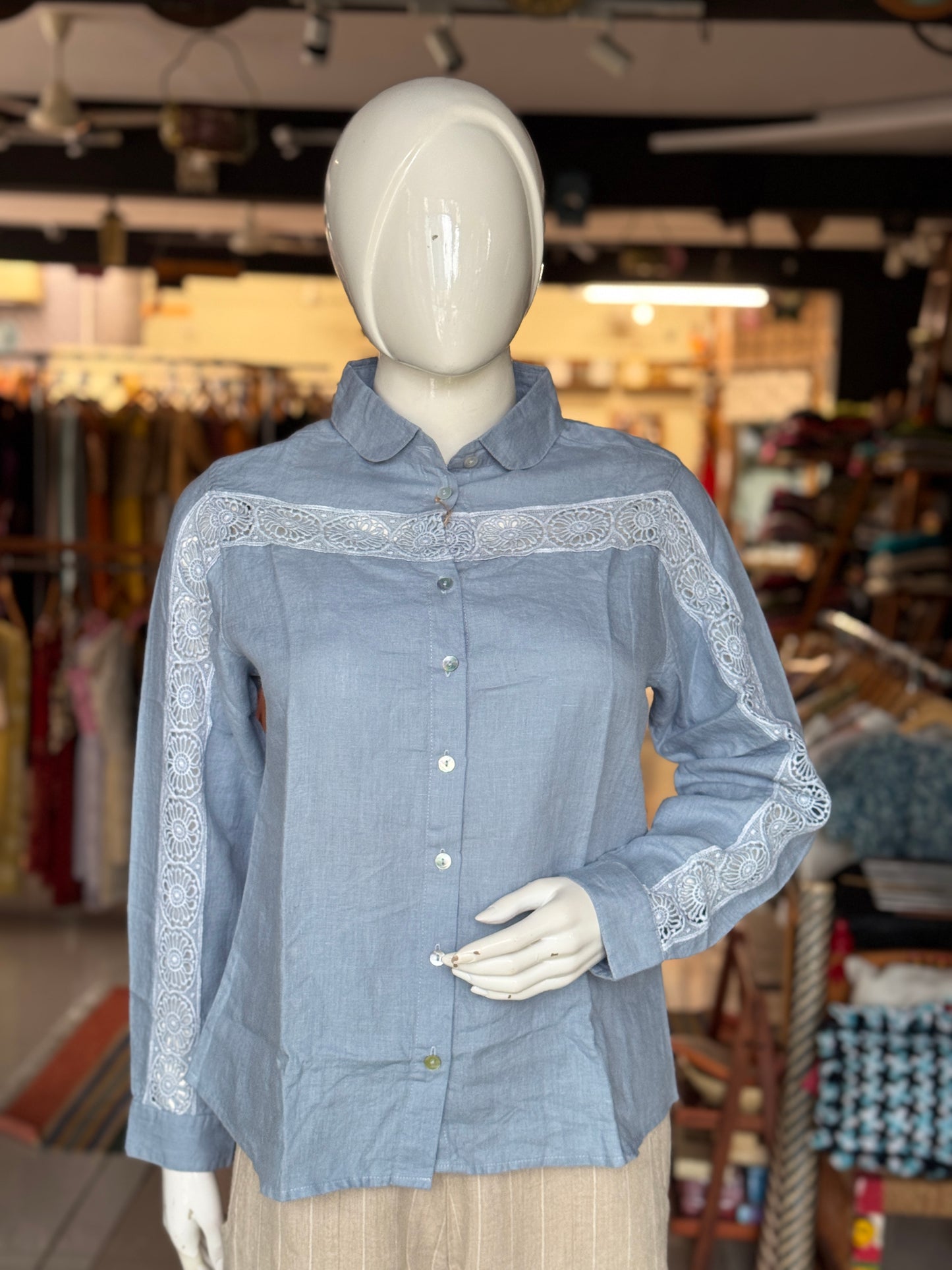 Linen hand woven full sleeves shirt for women with lace detailing
