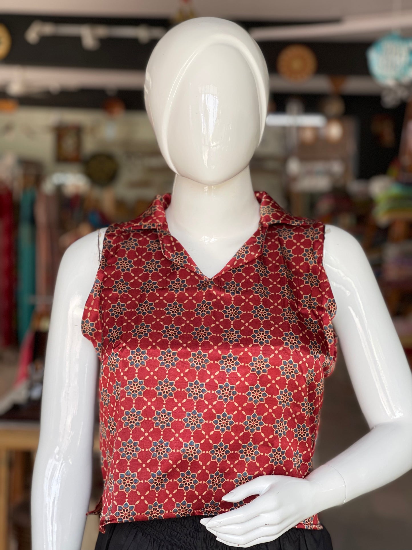 Mashru collared sleeveless crop top / blouse in Ajrakh hand block print