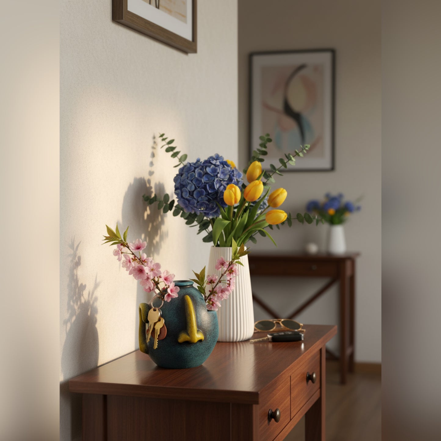 Blue and yellow Terracotta fun face flower vase / organizer