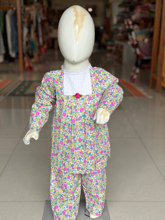Colorful floral print cotton lounge wear / night suit set - 2 piece shirt n pants set with pintucks and lace detailing