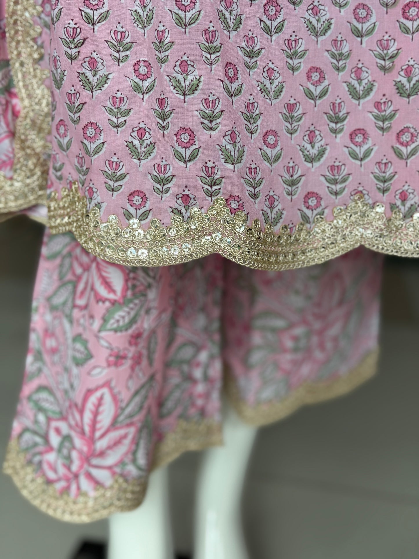 Pink floral hand block print with lace detailing flared kurti, pants and dupatta - 3 piece set