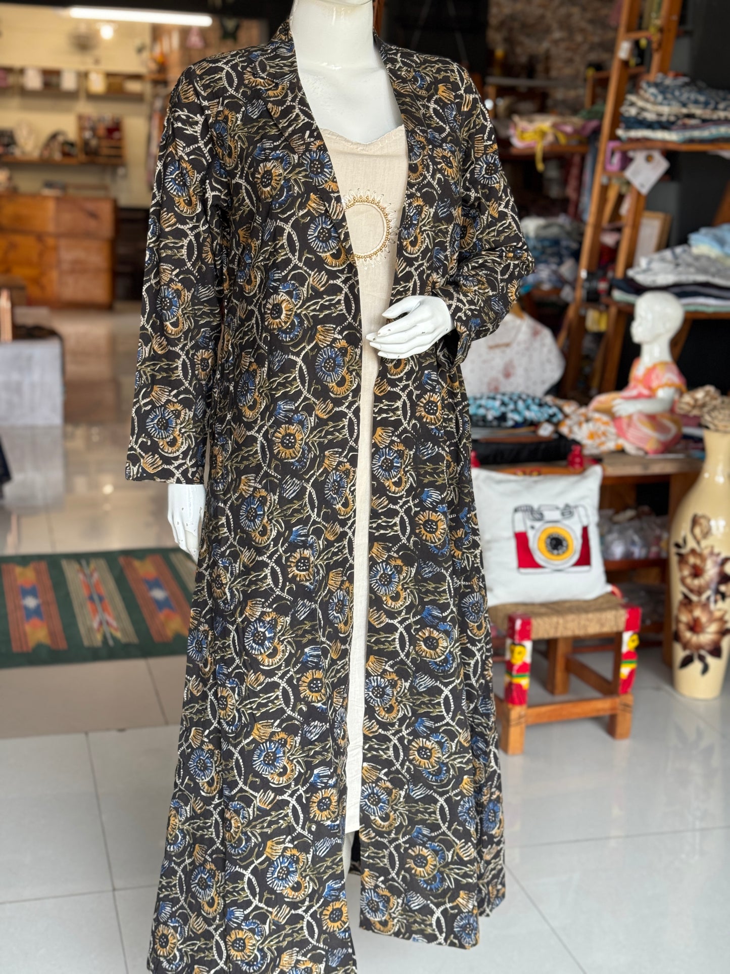 Black floral hand block printed cotton long jacket with sleeves
