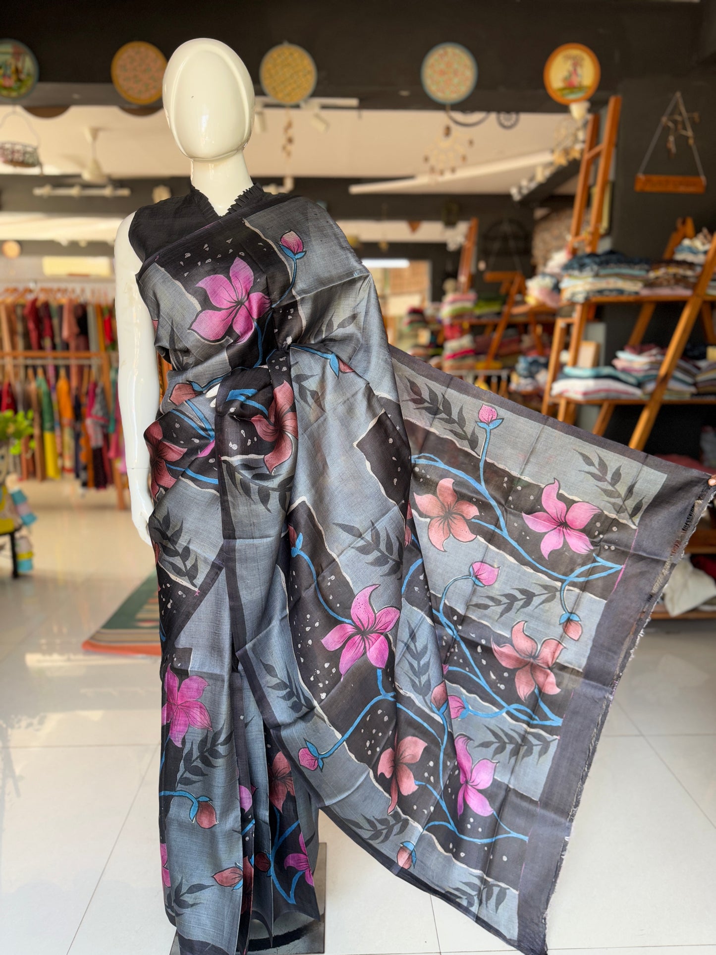 Black and grey hand painted pure tussar silk saree - flowers and rectangular bars