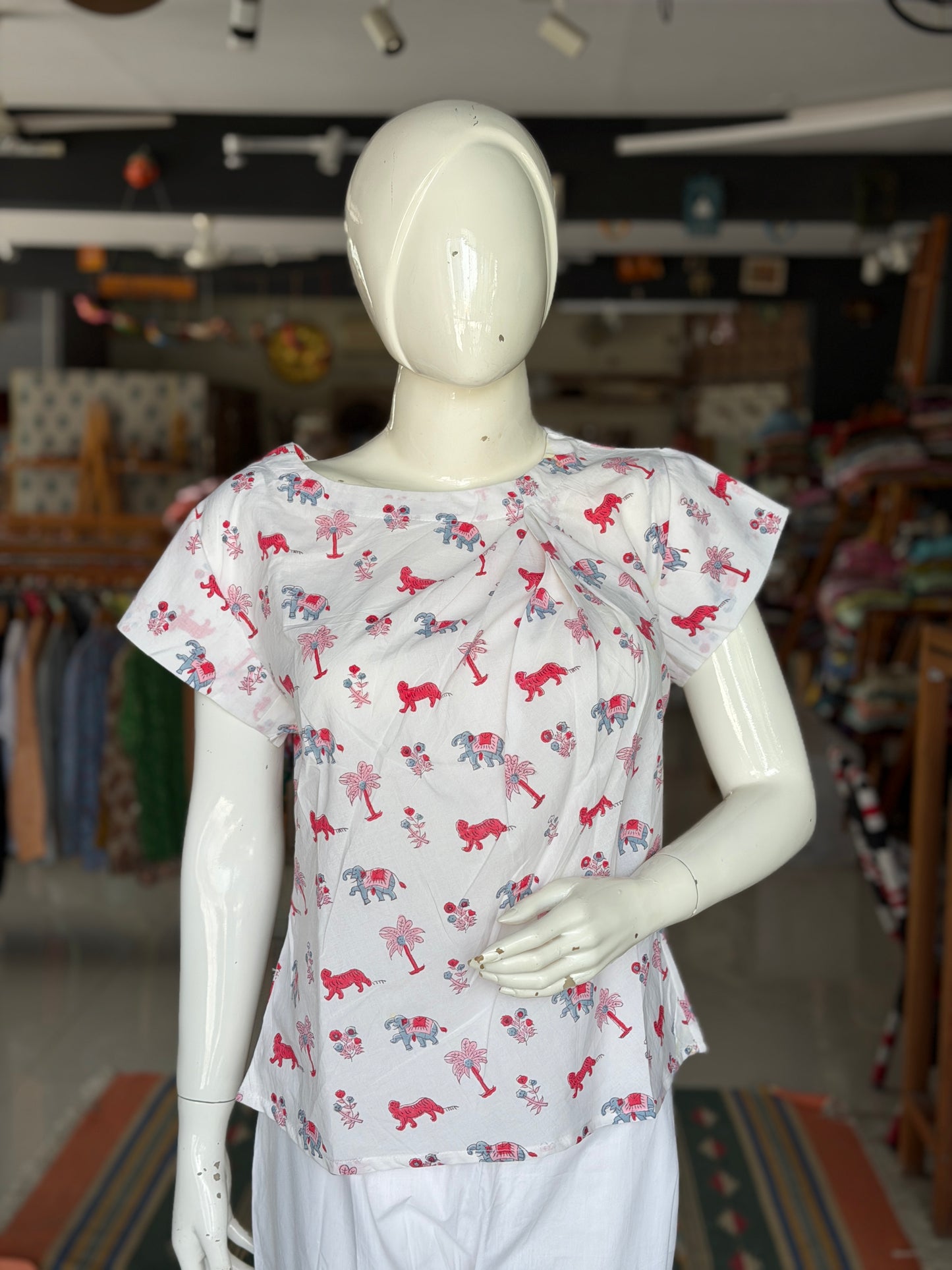 White animal print cotton top - hand block printed with asymmetric pleats