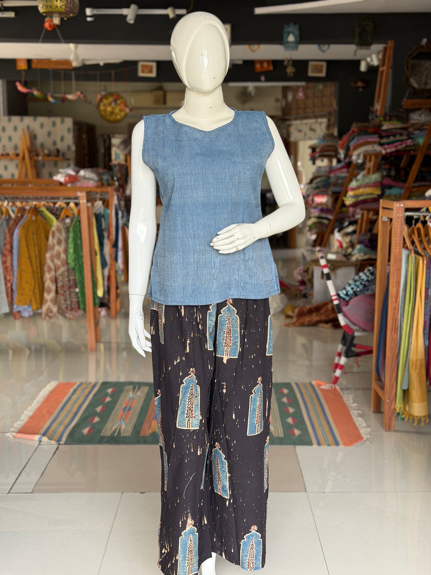 Indigo stripes handwoven natural dyed cotton sleeveless top
