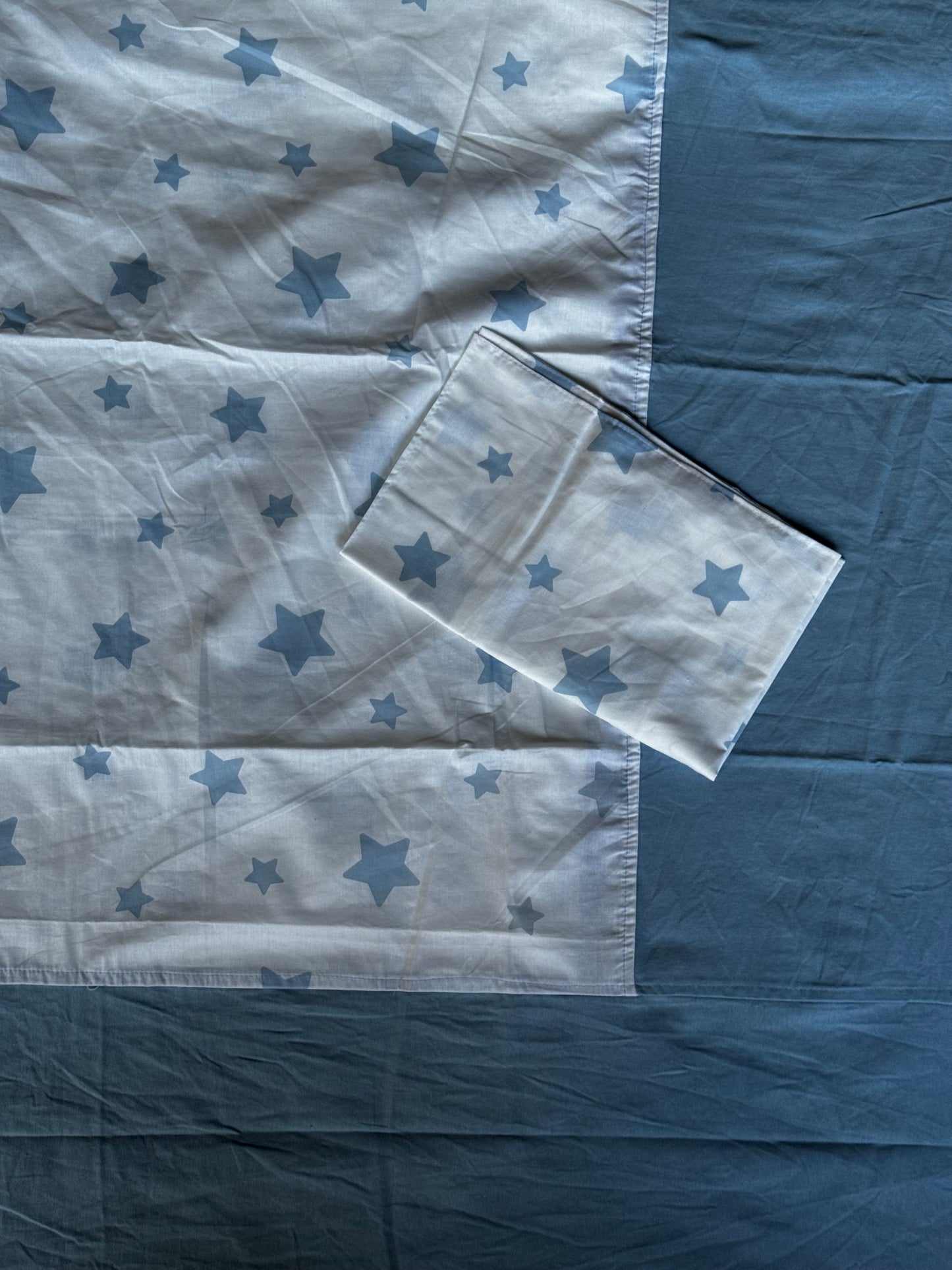 Starry night -  White cotton bedsheet with blue stars print with greyish blue attached border - 90 x 100 inches