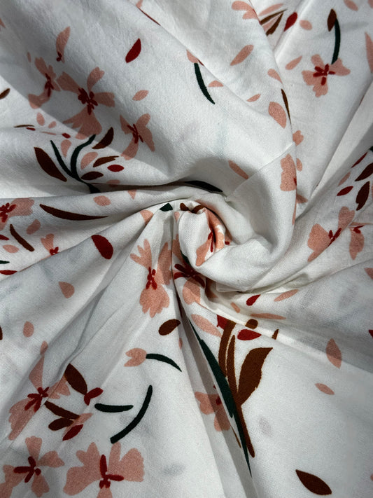 Floral brown print on Off white soft cotton handloom fabric