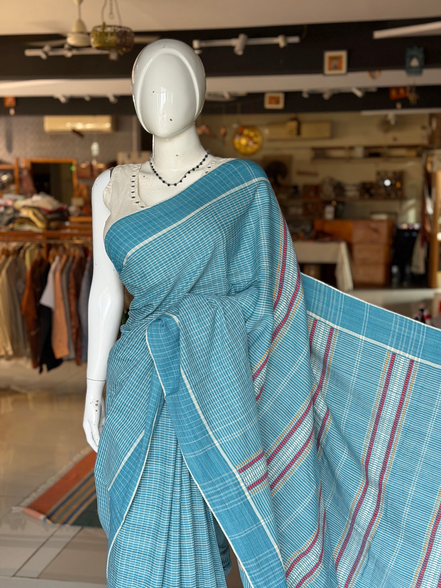 Blue n white fine rectangles handloom Baiga cotton saree