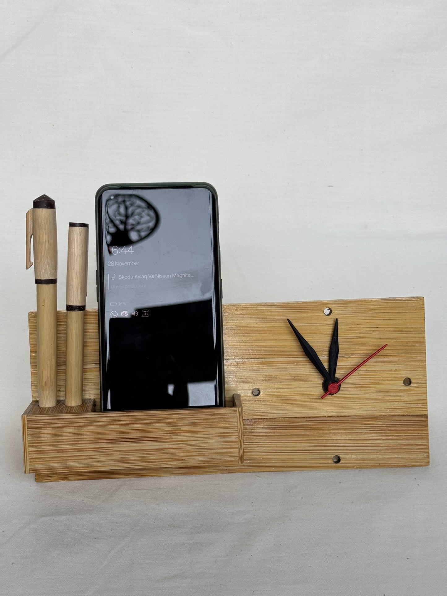 Bamboo desk organizer with card holder, pen stand and clock