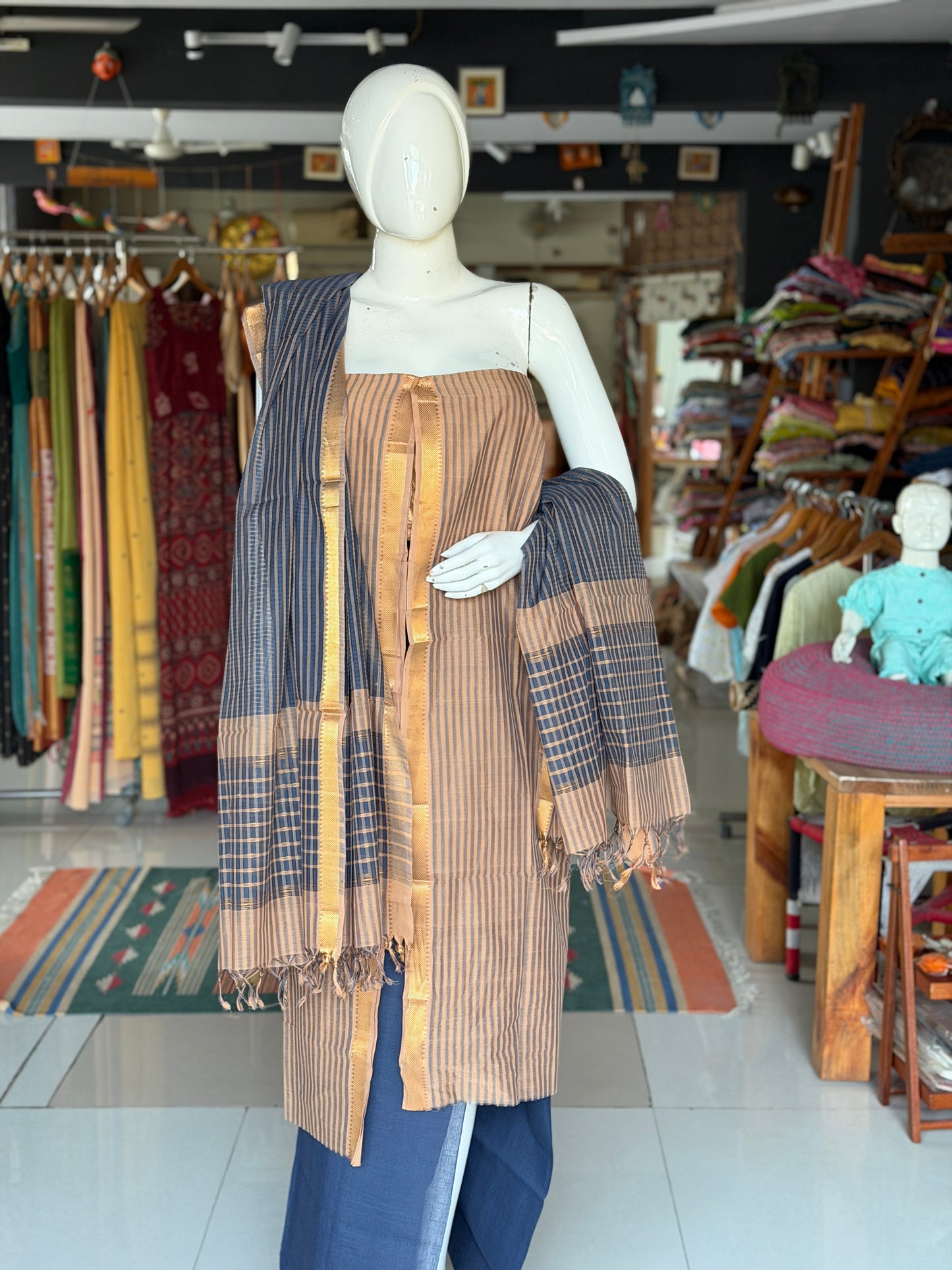 Beige and navy blue cotton handwoven mangalagiri 3 piece unstitched set - kurti, pants n dupatta set