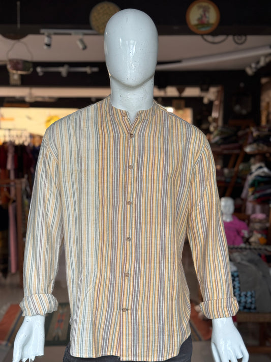 Yellow stripes handwoven kala cotton full sleeves band collared shirt for men