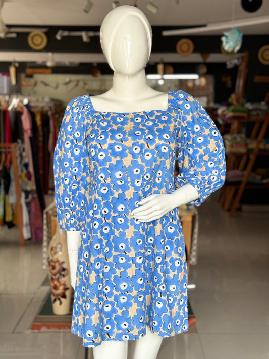 Blue hand block printed short cotton dress with square neck and long sleeves