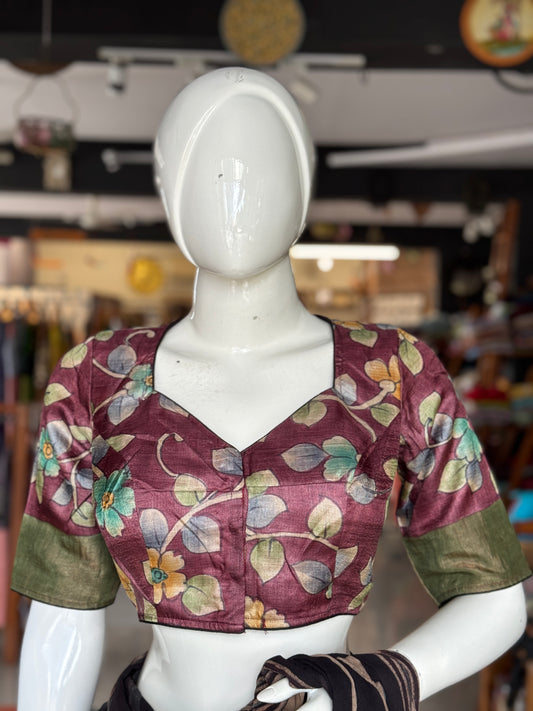 Wine tone leaves hand painted gachi tussar silk blouse