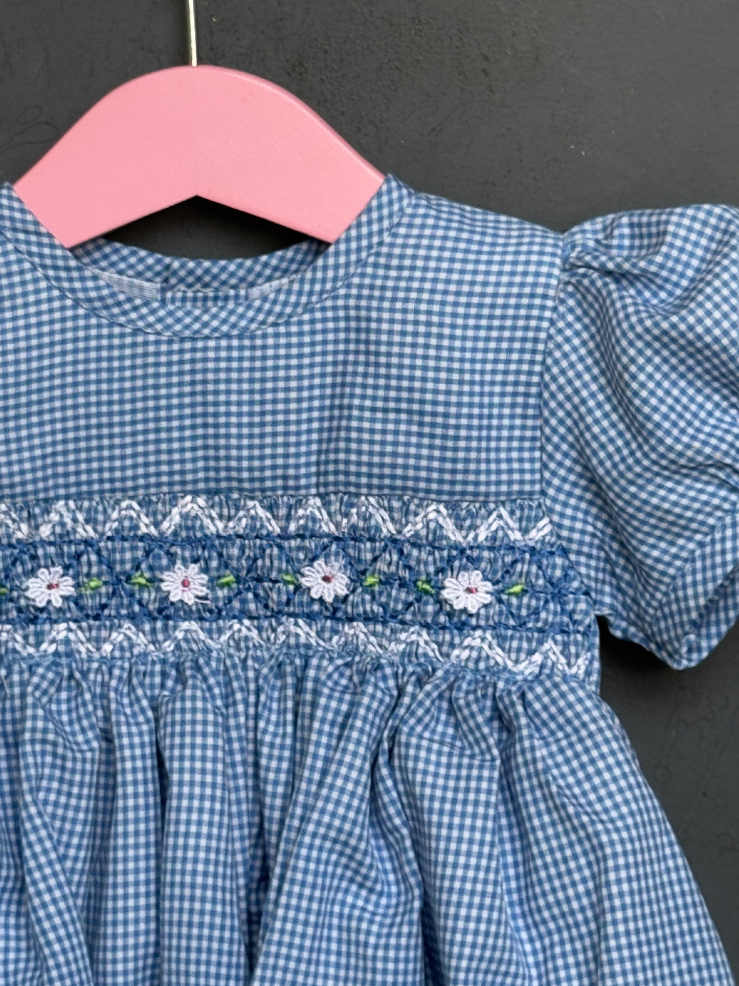 Blue checks smocking round neck cotton frock with hand embroidery