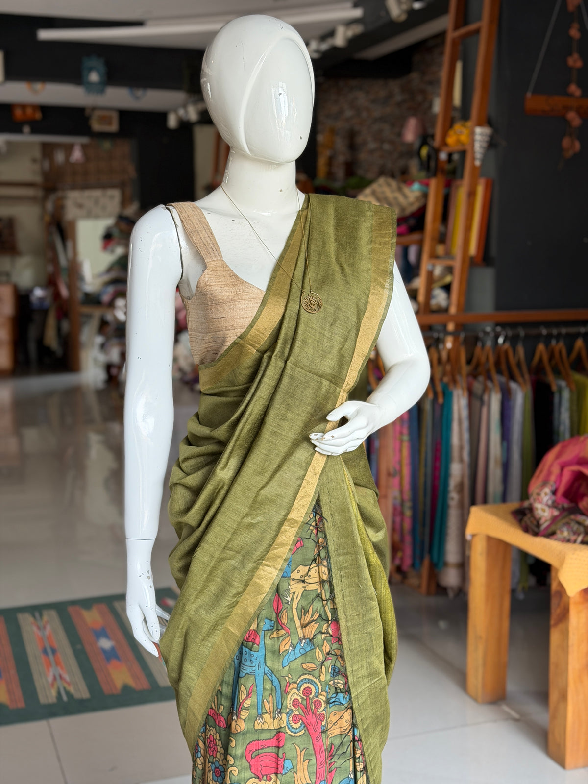 Green forest theme hand painted pen Kalamkari silk lehenga