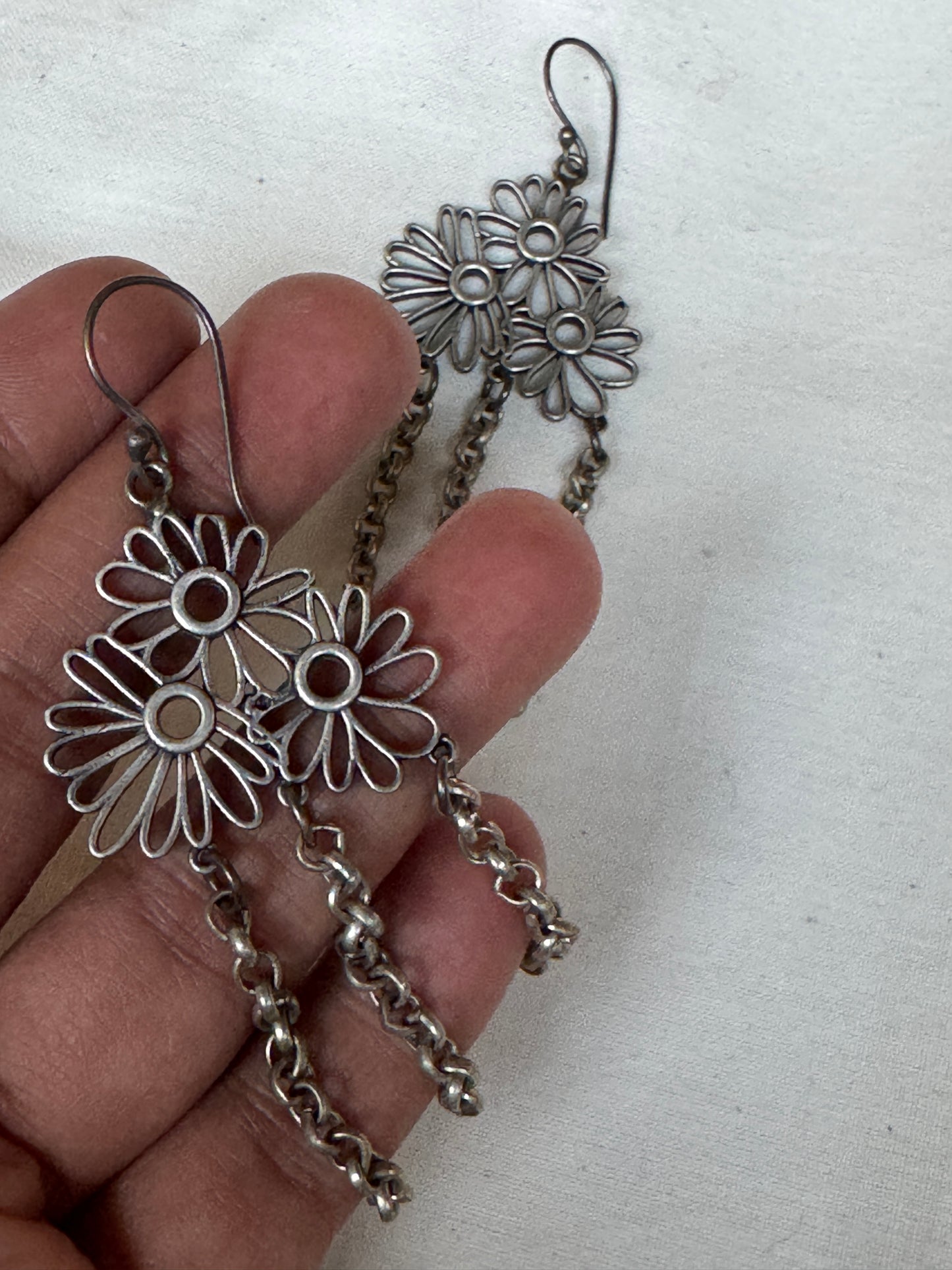 3 flowers with chain drops oxidised silver look brass hook ear rings