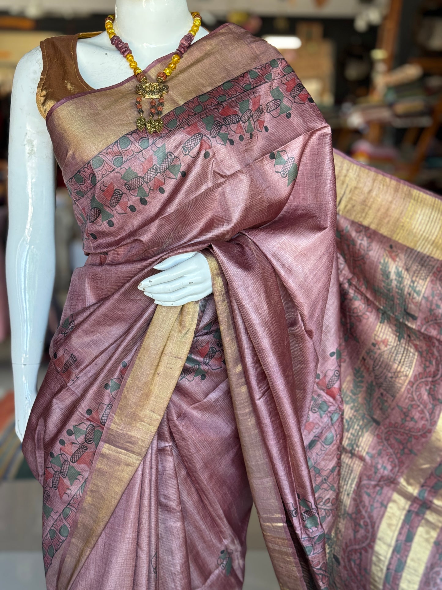Mauve tone tussar silk hand woven, Warli hand painted saree