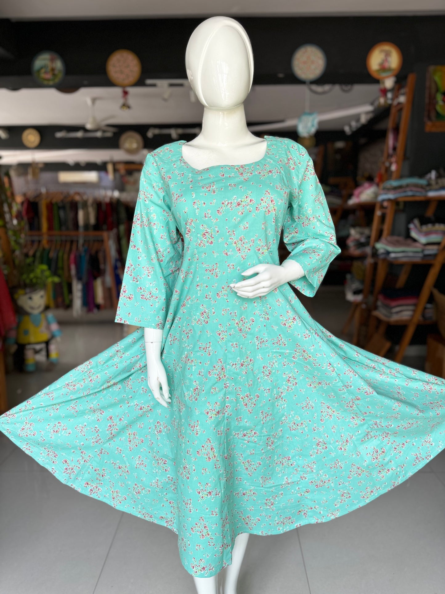 Sea green small flowers hand block printed cotton kalis dress