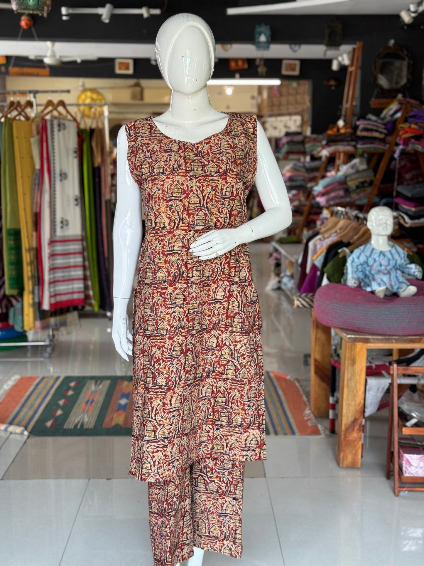 Maroon Kalamkari cotton coord set - houses n trees handblock printed cotton