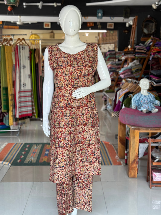 Maroon Kalamkari cotton coord set - houses n trees handblock printed cotton