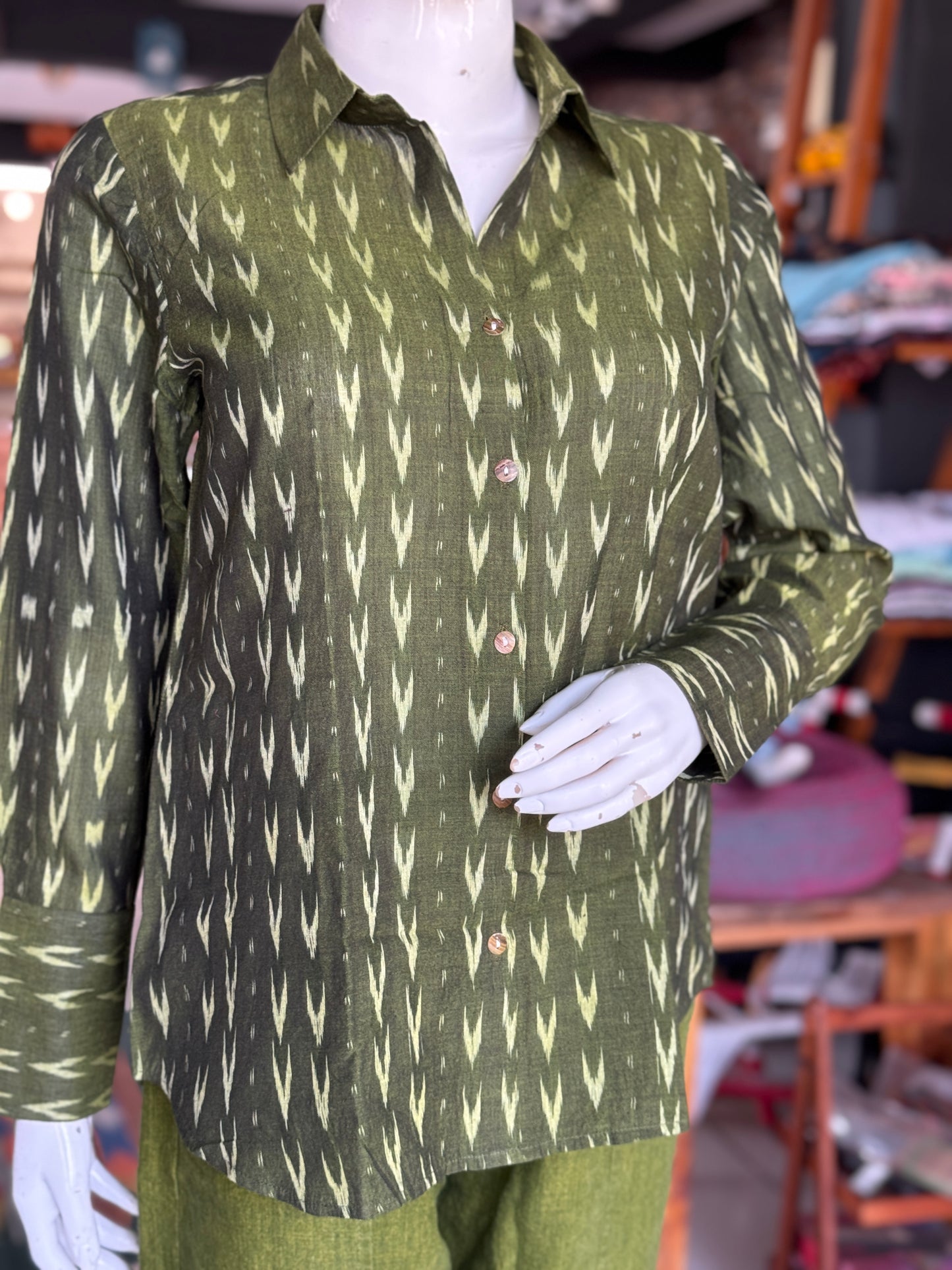 Green cotton hand woven Ikat shirt - click to see designs