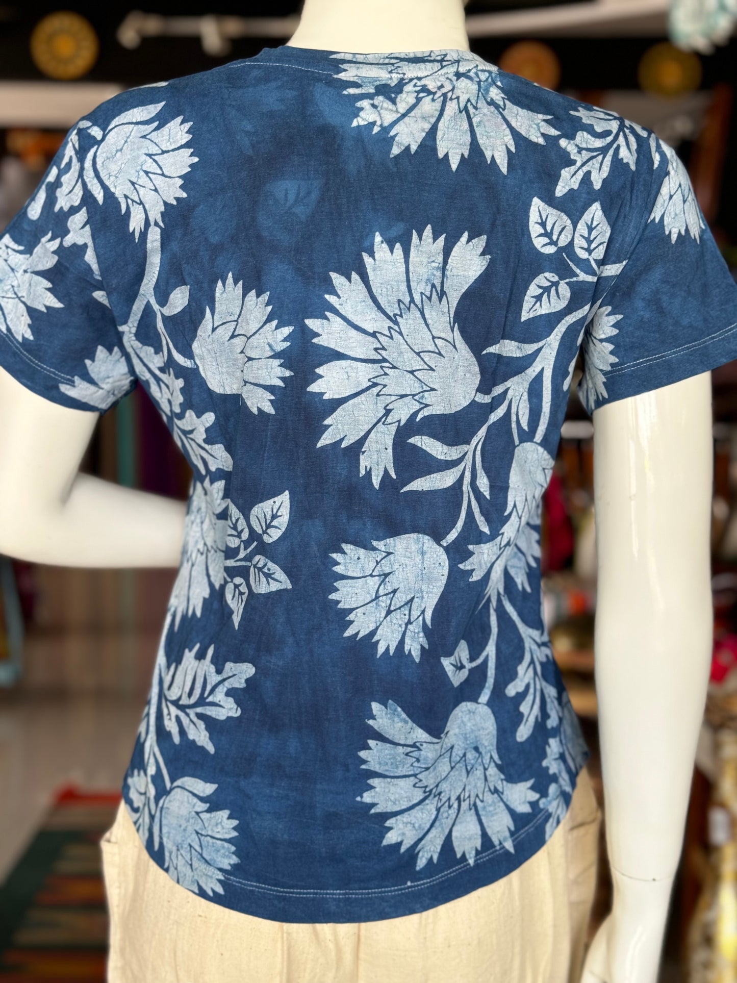 Indigo floral cotton hand block printed, natural dyed tshirt for women