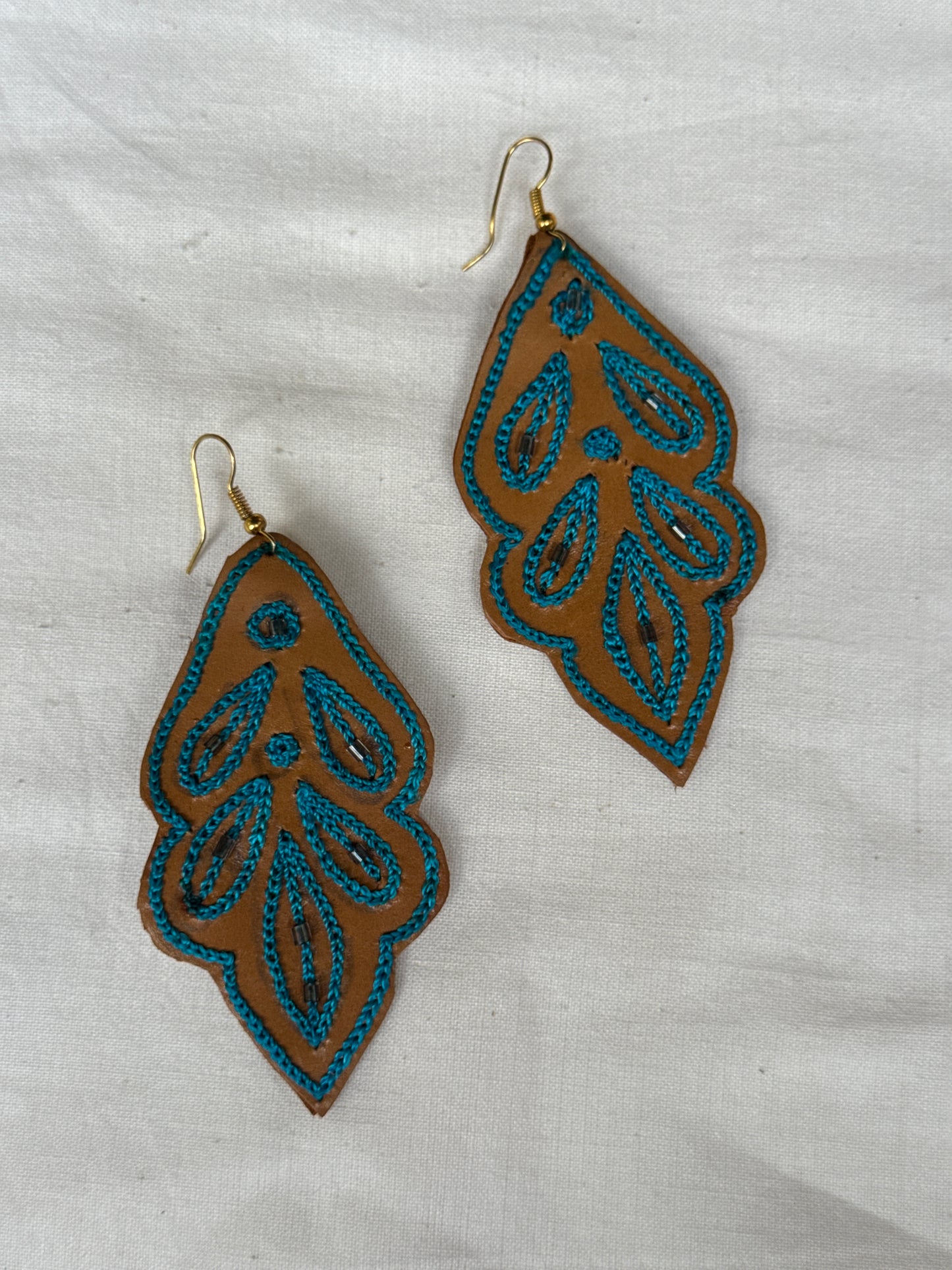 Leather with hand embroidery light weight earrings - shapes, designs and color choice available
